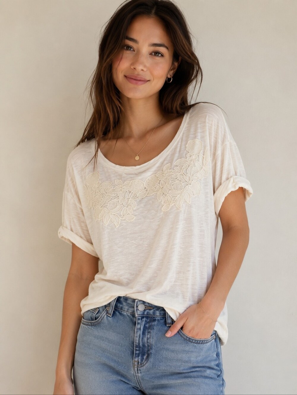 ❤ J CREW IVORY FLORAL APPLIQUE TOP / TEE, XS